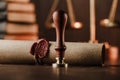 Last will and old wax seal close-up in notary office Royalty Free Stock Photo