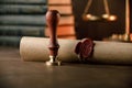 Last will, stamp and old wax seal in notary office Royalty Free Stock Photo