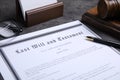 Last will and testament with pen on grey table, closeup Royalty Free Stock Photo