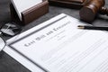 Last will and testament with pen on grey table, closeup Royalty Free Stock Photo