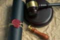 Last will and testament on yellowish paper with wooden judge gavel document is mock-up Royalty Free Stock Photo