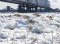 last year's grass on the background of an ice drift on the river Royalty Free Stock Photo