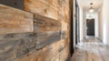 Lastly we see a hallway with a reclaimed wood accent wall that serves as a dramatic and eyecatching entryway. The Royalty Free Stock Photo