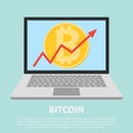 Lat icon design of uptrend line arrow breaking through bitcoin in tablet. Uptrend line arrow with bitcoin sign in flat icon design Royalty Free Stock Photo