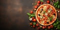 lat lay with pizza. delicious pizza with vegetables and sausage, top view, with space for text