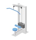 Lat pulldown machine, training apparatus for the gym. Fitness equipment isometric illustration. Colorful flat vector