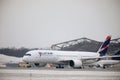 Latam Airbus A350-900 on Munich Airport, MUC, snow