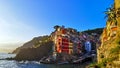 Riomaggiore panorama on Italy`s Cinque Terre at sunset Royalty Free Stock Photo