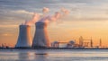 Late afternoon scene with view on riverbank with nuclear reactor Doel, Port of Antwerp, Belgium