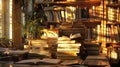 Late afternoon shadows dancing playfully on the haphazard stacks of books and tered stationery atop the desk of a Royalty Free Stock Photo