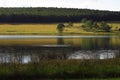 Late afternoon sunlight on a hillside beside a peaceful country dam. Royalty Free Stock Photo