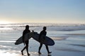 Sunset Surfers walking on the beach