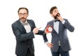Late again. angry businessmen. bad morning. a lot of work. time management. mature bearded men in formal suit hold alarm Royalty Free Stock Photo