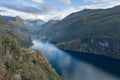 Late autumn afternoon in the Geiranger Fjord in Norway. More og Romsdal county. Famous Norwegian landscape landmark
