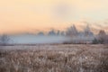 Late autumn landscape. The grass in the field is covered with white frost and fog in the distance in the fresh morning Royalty Free Stock Photo