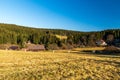 Late autumn scenery with meadow, few buildings, hill covered by forest and clear sky