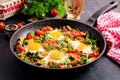 Late breakfast - fried eggs with vegetables. Shakshuka. Royalty Free Stock Photo