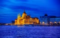 Late evening illumination of hungarian parliament in budapest Royalty Free Stock Photo