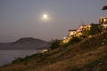 Late evening sky with full moon above Mekhong River at Chiang Khan,Loei,Northeastern Thailand. Royalty Free Stock Photo