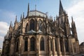 late-gothic cathedral with flying buttresses, stained glass windows, and detailed stone carvings