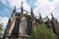 late-gothic cathedral with flying buttresses, stained glass windows, and detailed stone carvings