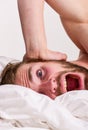 Late morning overslept. Morning routine tips to feel good all day. Man handsome guy lay in bed in morning. Tips on how Royalty Free Stock Photo