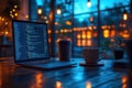 A late-night coding session with empty coffee cups and intense focus. --ar 3:2 --stylize Royalty Free Stock Photo