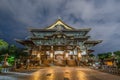 Late night front view of Hondo Main Hall of Zenko-ji Temple complex in Nagano City