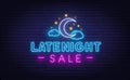 Late Night Sale Neon Sign on brick wall background. Royalty Free Stock Photo