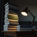 Late Night Study Session: Stack of Books Illuminated by Desk Lamp Royalty Free Stock Photo