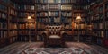 Late-Night Study Session in a Vintage Library with Leather Armchair and Warm Lighting. Concept Royalty Free Stock Photo
