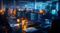 late night tech startup scene with programmers working intensely, illuminated by screens and ambient lights Royalty Free Stock Photo