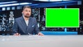 Late Night TV Talk Show Live News Program: Anchorman Presenter Reporting, Uses Green Screen Template