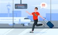 Late for plane, cartoon busy man tourist character with travel suitcase running through airport Royalty Free Stock Photo