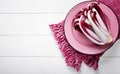 Late red radicchio from Treviso on white wood background, top view, space for text. Royalty Free Stock Photo