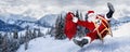 Late Santa claus in a hurry on sleigh sled with traditional red white costume and big gift bag in front of white snow winter