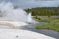 Spring in Yellowstone: Iron Spring Creek Flows Past Cliff Geyser of the Emerald Group in Black Sand Basin in Upper Geyser Basin