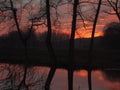 Late sunset over Vyskovice pond Red dusk behind water surface, field and forest Bloody sun and trees reflecting in the Royalty Free Stock Photo