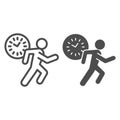 Late for work or meeting line and solid icon. Clock and silhouette of running man outline style pictogram on white Royalty Free Stock Photo