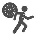 Late for work or meeting solid icon. Clock and silhouette of running man glyph style pictogram on white background. Time Royalty Free Stock Photo
