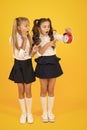 Latecomer will be punished. It is time. School schedule. School time. Schoolgirls and alarm clock. Children school Royalty Free Stock Photo