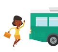 Latecomer woman running for the bus. Royalty Free Stock Photo
