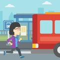 Latecomer woman running for the bus. Royalty Free Stock Photo