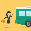 Latecomer woman running for the bus. Royalty Free Stock Photo