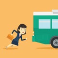 Latecomer woman running for the bus. Royalty Free Stock Photo