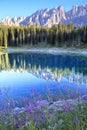 The Latemar mountain range mirrored in Lake Carezza / Karersee / Lago di Carezza