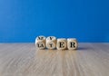 From later to never symbol. Turned a cube and changes the word later to never. Beautiful wooden table, blue background. Business