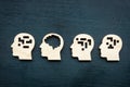 Lateral or logical thinking. Figures of heads with a brain.
