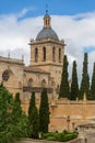 Lateral view at the iconic spanish Romanesque architecture building at the Cuidad Rodrigo cathedral, towers and domes