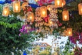 Latern with light under bougainville flowers in Datca, Turkey